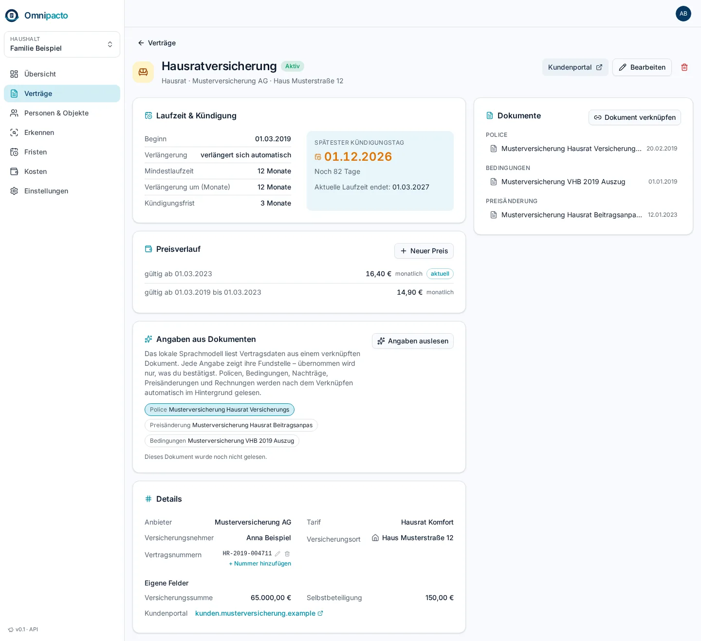 Vertragsdetail: Laufzeit, spätester Kündigungstag, Preisverlauf, Dokumente, Details